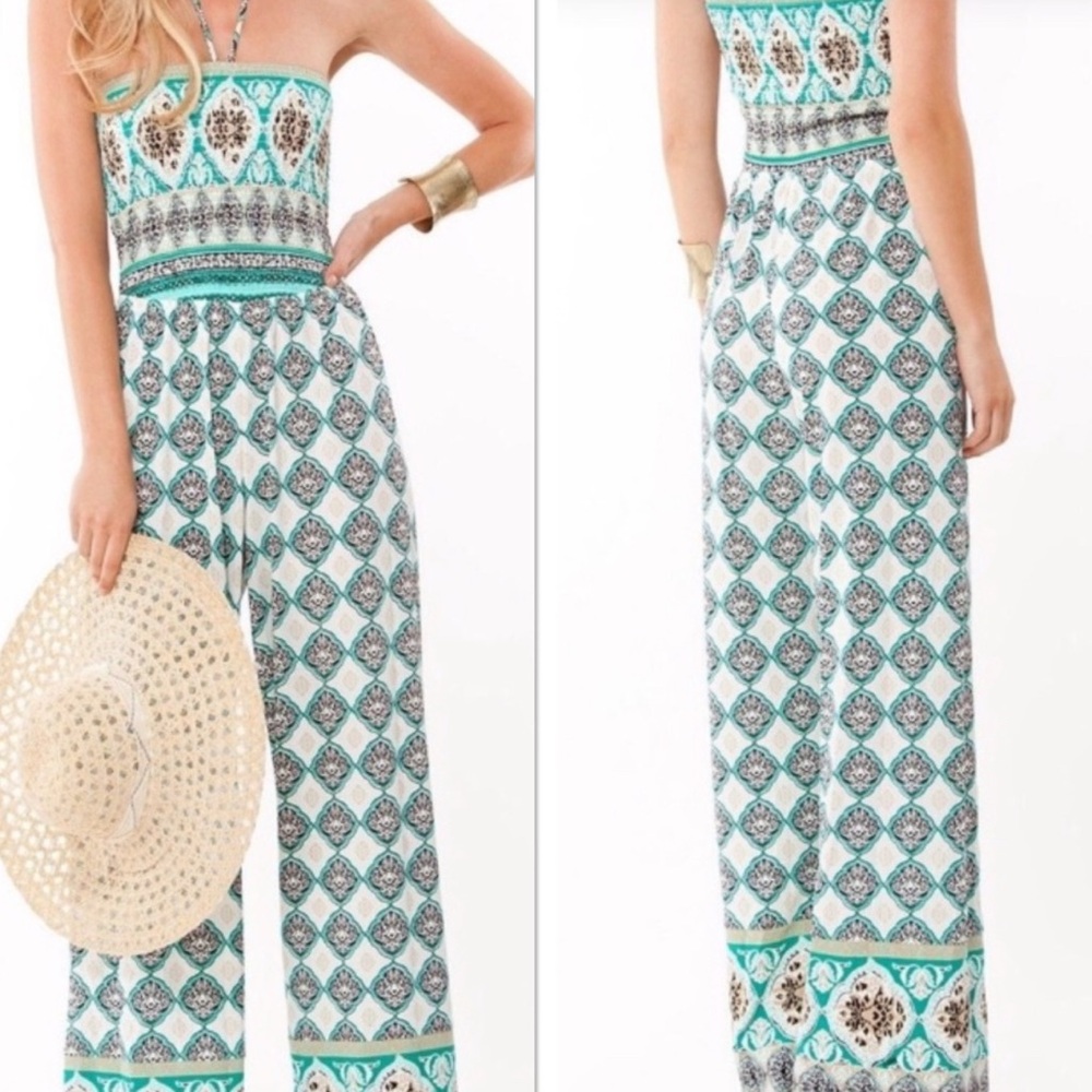 HP🎉 Hale Bob Green and Black Geometric Halter/Sleeveless Jumpsuit